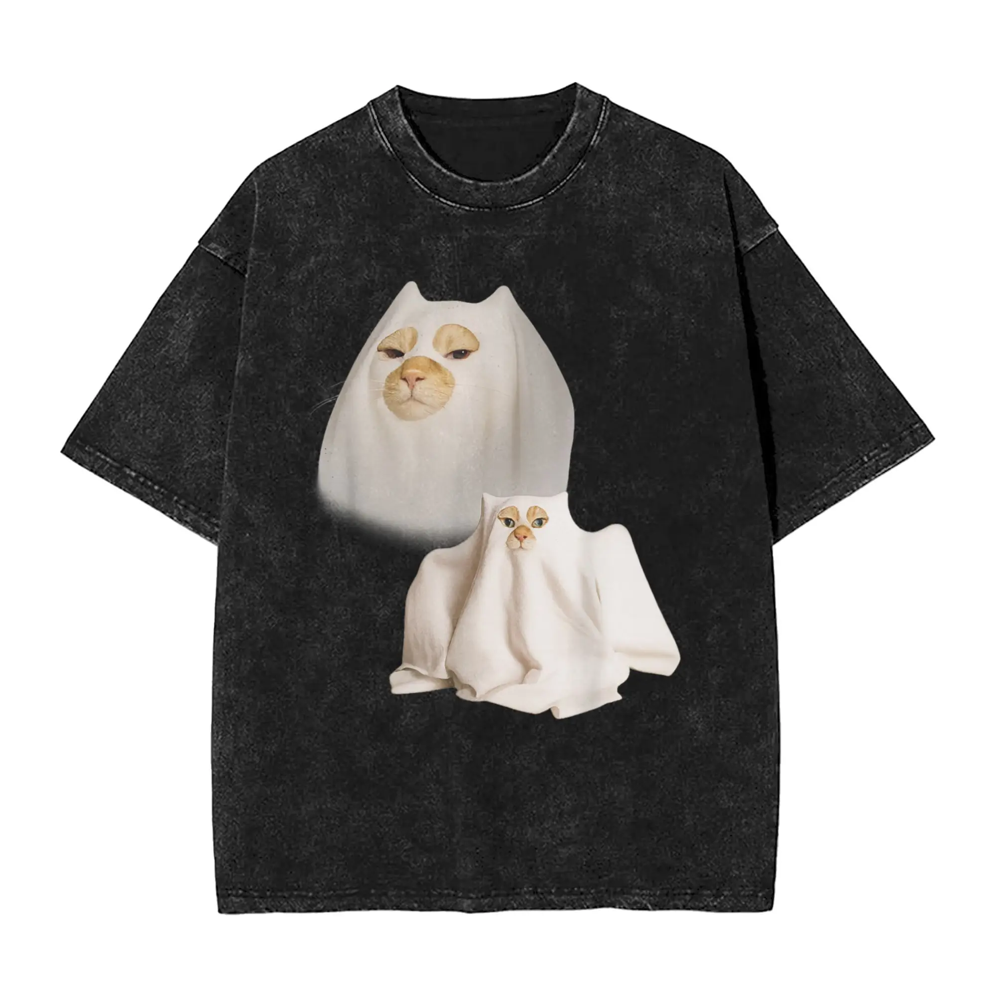 

Ghost Cat Meme Funny Artwork T Shirts Men's Cotton Funny T-Shirt O Neck Tee Shirt Short Sleeve Tops Printed