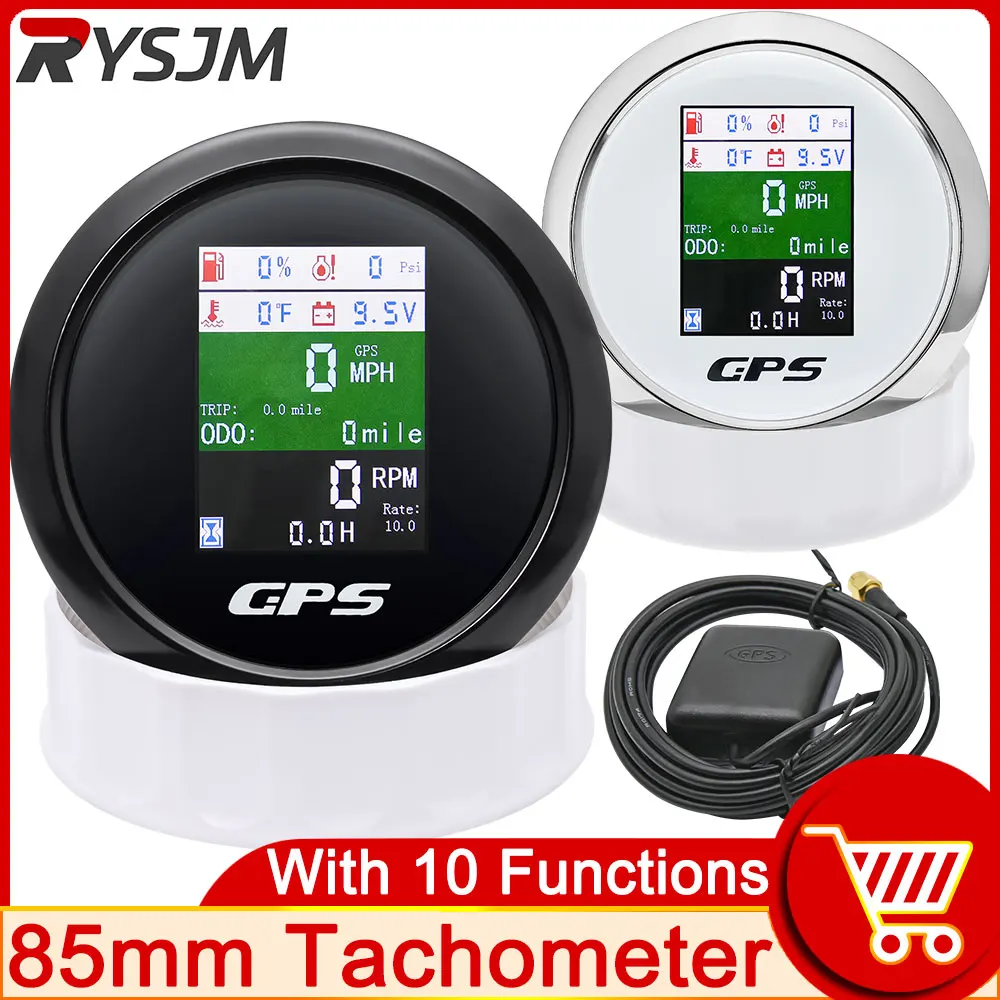 

85mm Tachometer GPS Speedometer Fuel Level Water Temp Oil Pressure Gauge With Alarm for Auto Boat motorcycle with 10 Functions