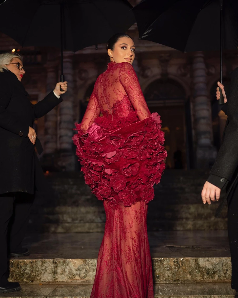 

Красное кружевное вечернее платье русалки по индивидуальному заказу, изящное платье для выпускного вечера с круглым вырезом и длинными рукавами, модные платья со шлейфом для особых случаев