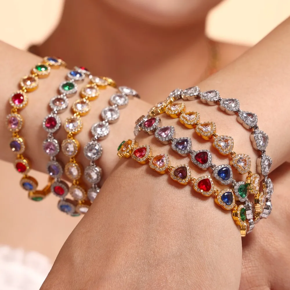 Mehrfarbiges Herz-Rund-Zirkon-Armband für Damen, Edelstahl, vergoldet, anlaufgeschützt, Damen-Handarmband mit Anhänger