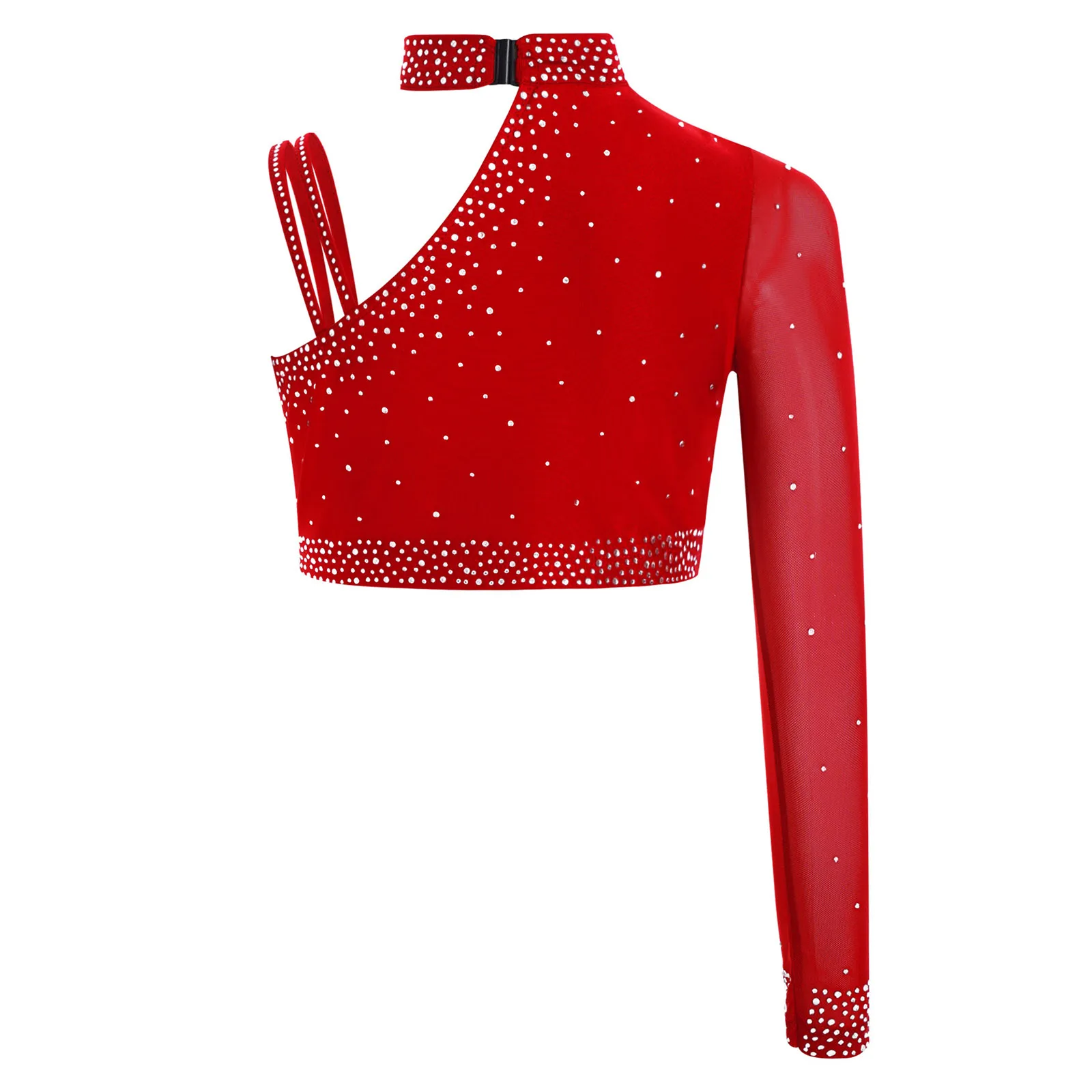 Haut de danse de Ballet lyrique pour enfants filles, maille transparente, manches longues, Costume de Performance, dos découpé, strass, pull, haut court