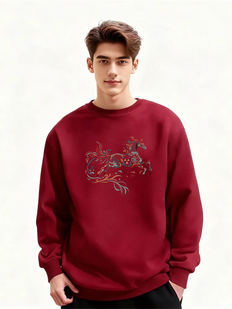 

Мужская толстовка премиум-класса с круглым вырезом и флисовой подкладкой, весна 2026, цвет красное вино, худи без застежек, комфортный базовый слой, верхняя одежда