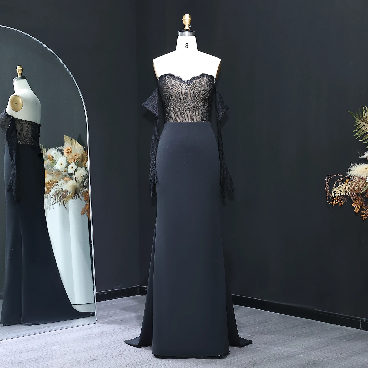 

Sharon Said Lace Black Mermaid Strapless Evening Dress with Gloves Draped for Woman Wedding Arabic Prom Gown SF216 Customized