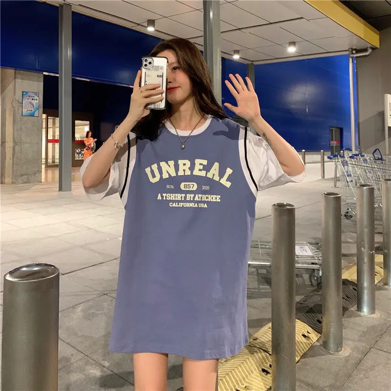 T-shirts Women Fake-two Letter All-match Summer Harajuku Half-sleeve Loose Tee-Tops College All-Match Casual Fashion Футболка