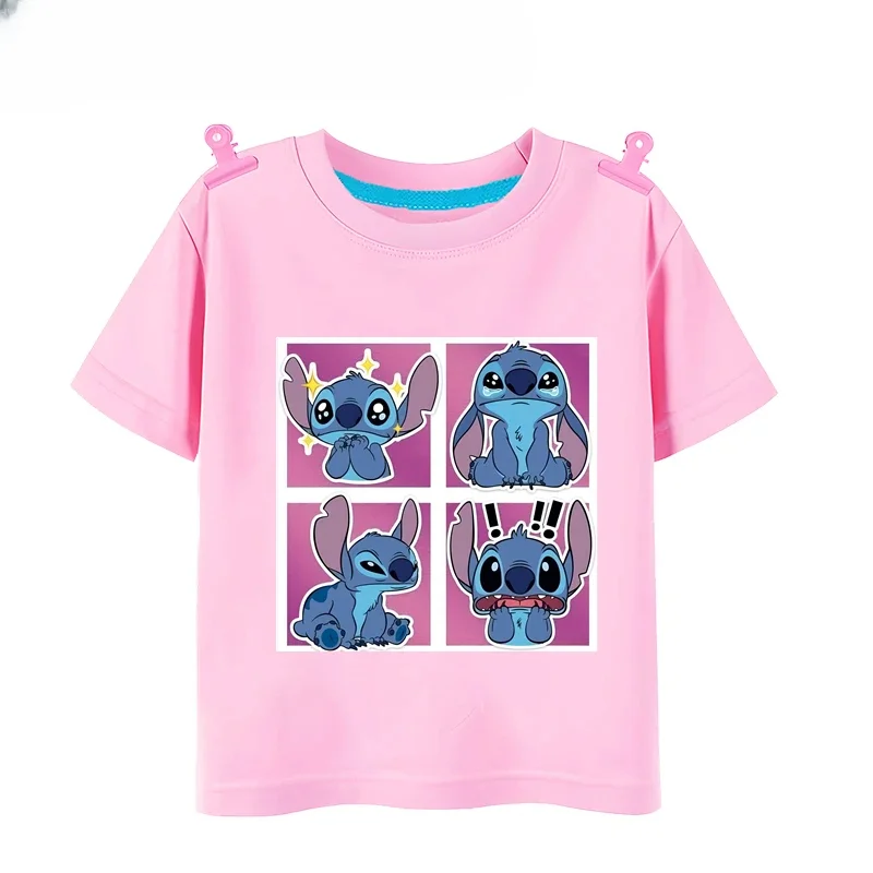 Disney Cartoon Stitch Cute Summer Multiple Fashion  KID/Adult T-shirts Round Neck Casual Short Sleeve Print Pattern