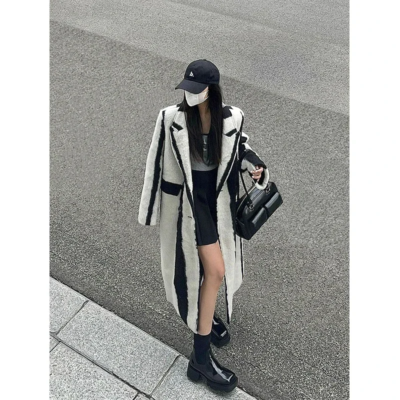 Striped Long Wool Blends Coat Women Vintage Patchwork Jackets Korean Thick Outwear Oversized Cardigan Woolen Overcoat Tops