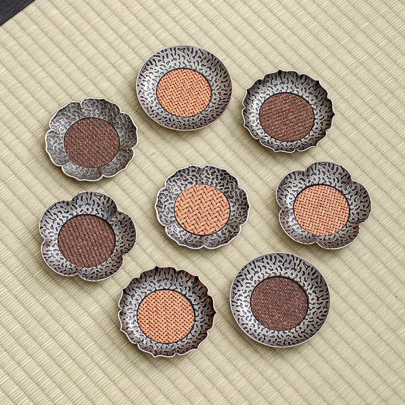 Chinese Hammered Alloy Rattan Coaster Set, Lotus Cup Holder Heat Insulation Mat, Kung Fu Tea Accessory