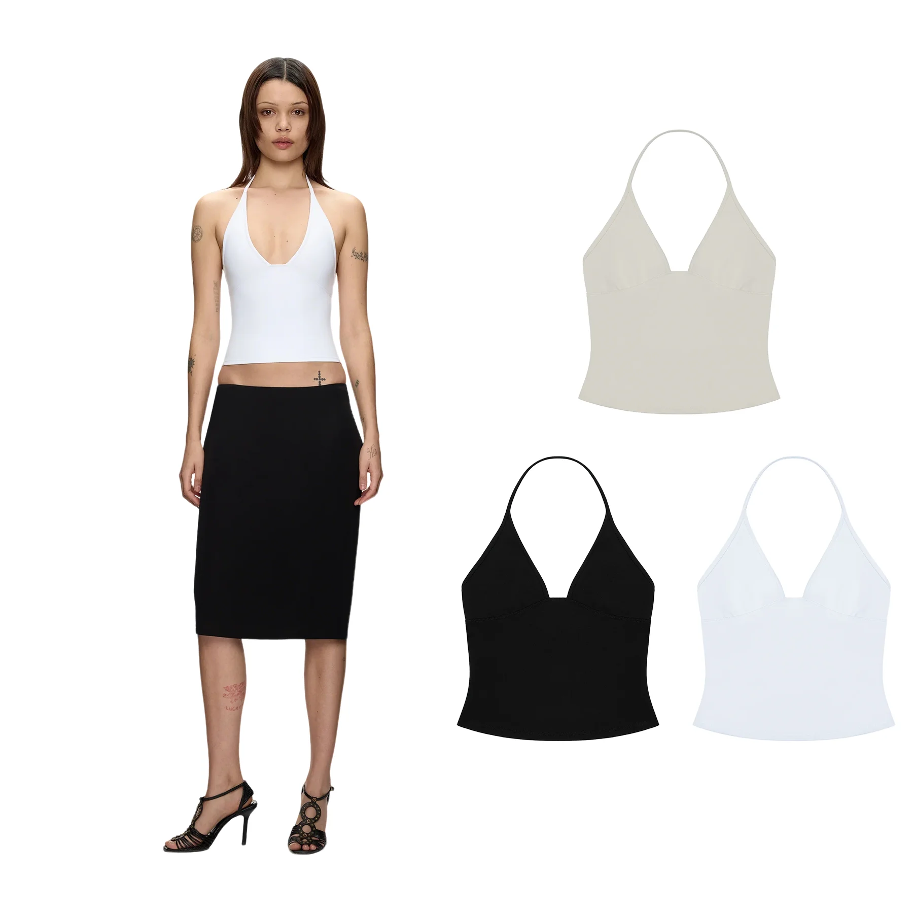 

Женская майка с вырезом халтер, глубоким V-образным вырезом, укороченная, подчеркивающая талию, утягивающая, в американском ретро-стиле, без рукавов, с треугольными чашечками халтер-типа, базовая модель в нескольких цветах.