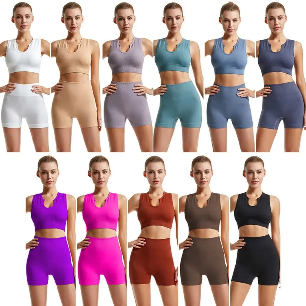 Sleeveless Nylon Women Yoga Suit Without Pad Rib-Knit Suspenders Shorts Suit Stretchable Breathable Running Shirts Fitness Wear