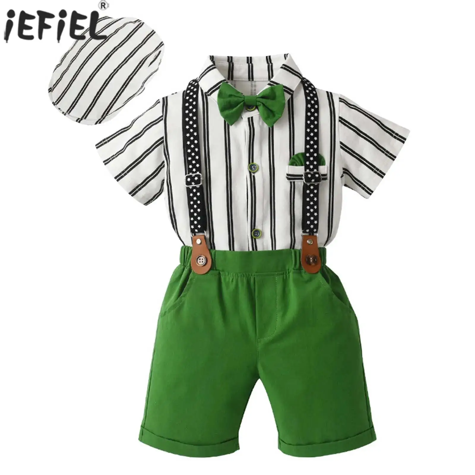 

Baby Boys Clothing Short Sleeve Lapel Striped Shirt Romper with Bowtie Suspender Shorts Hat Summer Birthday Party Gentlemen Suit