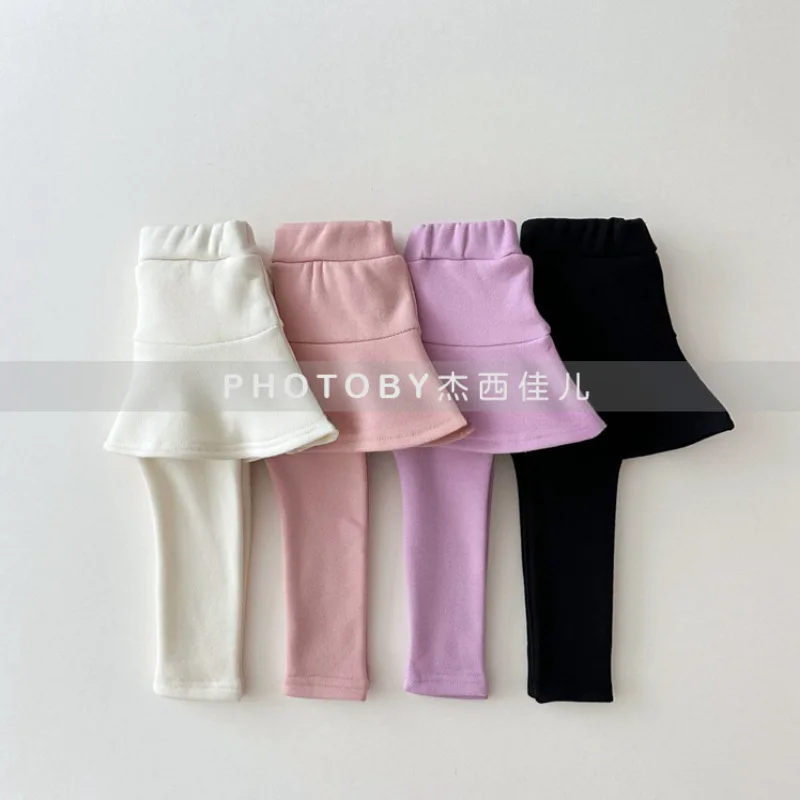 Two-piece Look Skirt Pants Grils Children Autumn Winter Solid New Simple All-matching Korean Casual Cotton Soft Comfortable