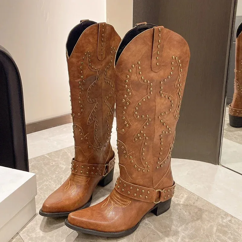 

Women Knee-high Boot Retro Rivet Belt Buckle Design Boots Classic Embroidery Women Western Cowboy Boot Point Leather Knight Boot