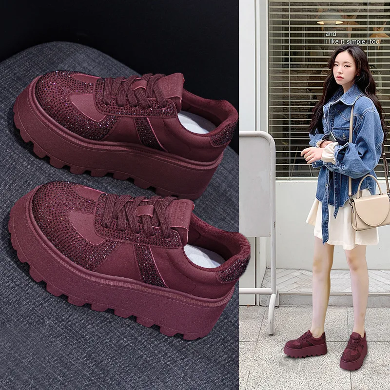 

Женские кроссовки De Xin на утолщенной подошве, осень 2024, ретро, из матовой кожи с водными стразами, повседневные, модные, спортивные