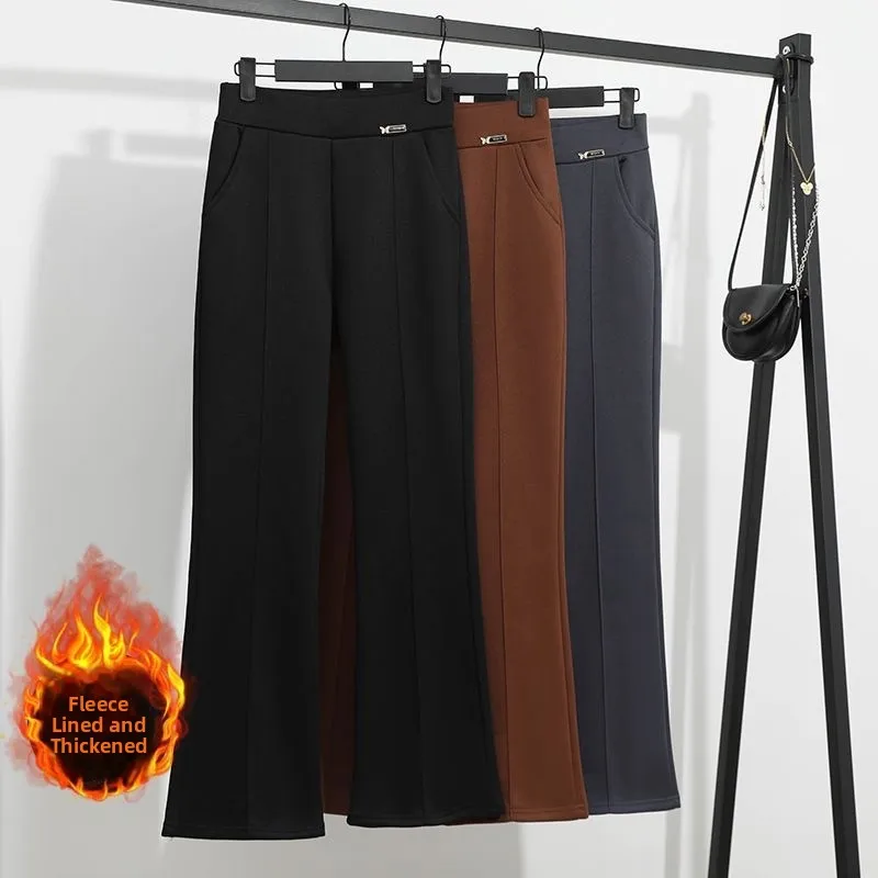 High Waist Fleece Lined Women's Slim Fit Casual Pants Spring Autumn Fashion Korean Style Micro Flared Trousers Commute Style
