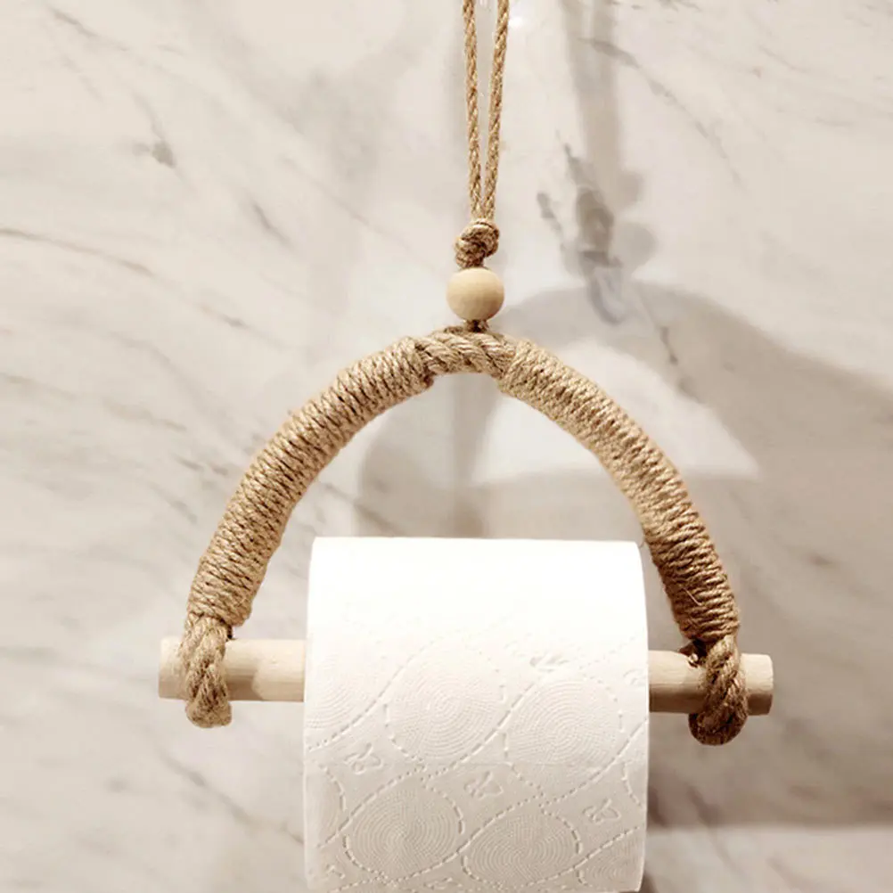 

Eco Friendly High Quality Rope Wood Tissue Holder Strong Bearing Capacity Bathroom Living Room Decor Toilet Roll Holder