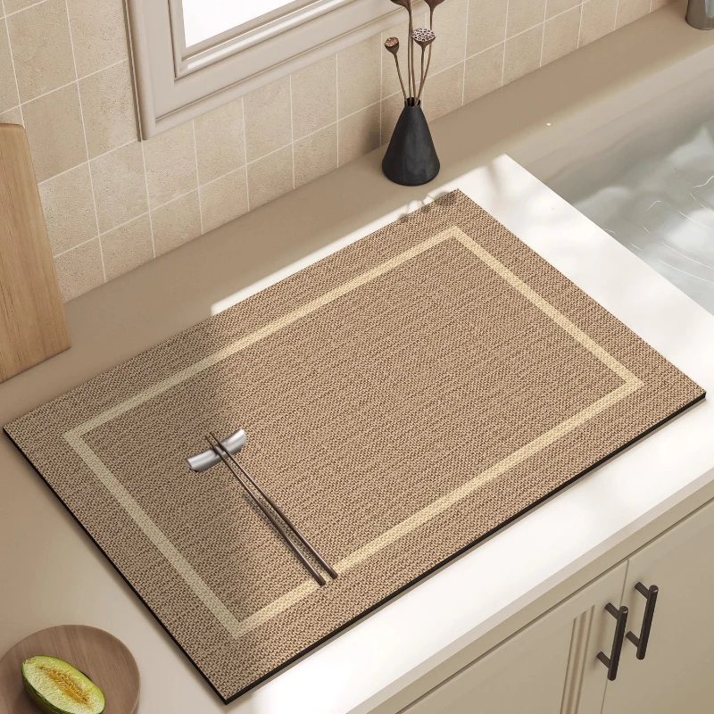 VIKAMA Kitchen Drain Mat Woven Texture Brown Round Edge Kitchen Counter Mat Highly Absorbent Fast Drying Anti Skid Flexible
