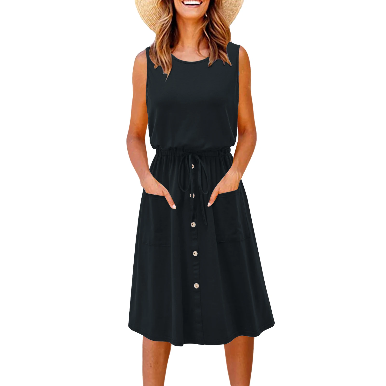 

Womens A-line Midi Dress Round Neck Sleeveless Solid Color Button Down Flared Hem Casual Swing Dresses With Pockets Tank Dress