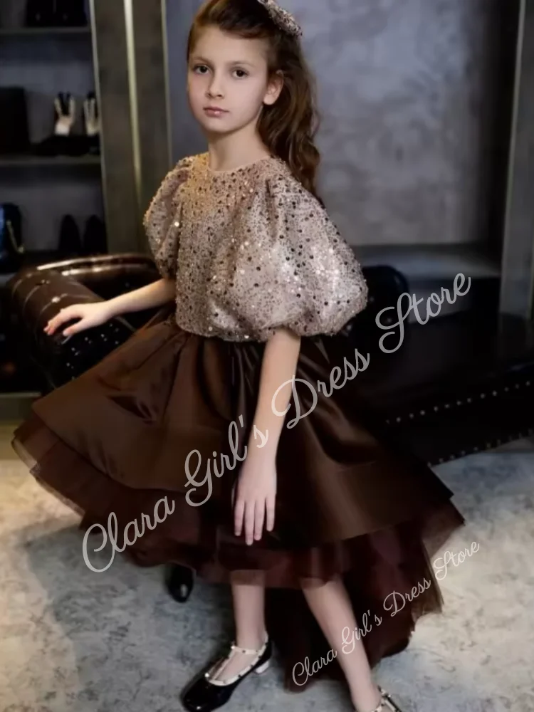 

Сверкающее платье с пайетками для девочек-цветочниц Коричневое платье с высоким и низким подолом и круглым вырезом с рукавами-фонариками Платье на заказ для свадьбы, дня рождения