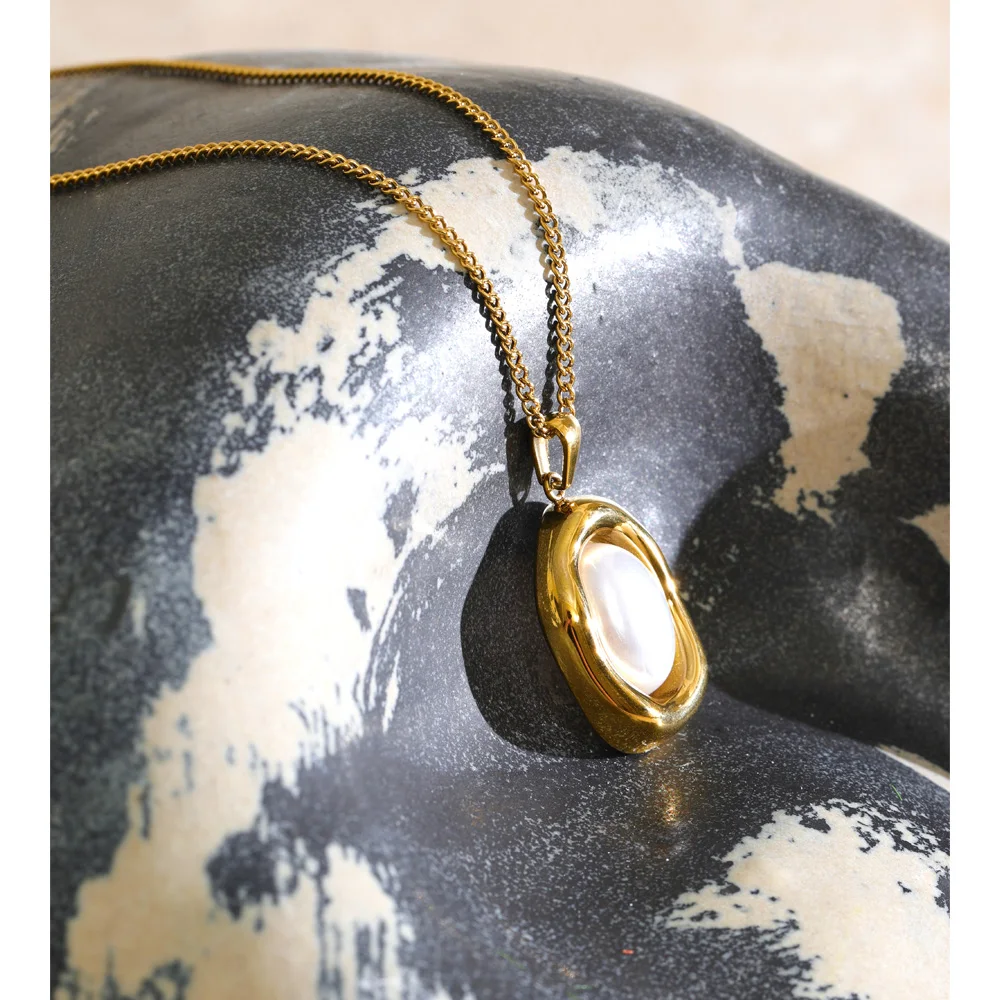 Yhpup Stainless Steel Imitation Pearls Round Necklace Pendant 18K Gold Color PVD Plated Korean Chic Modern Jewelry