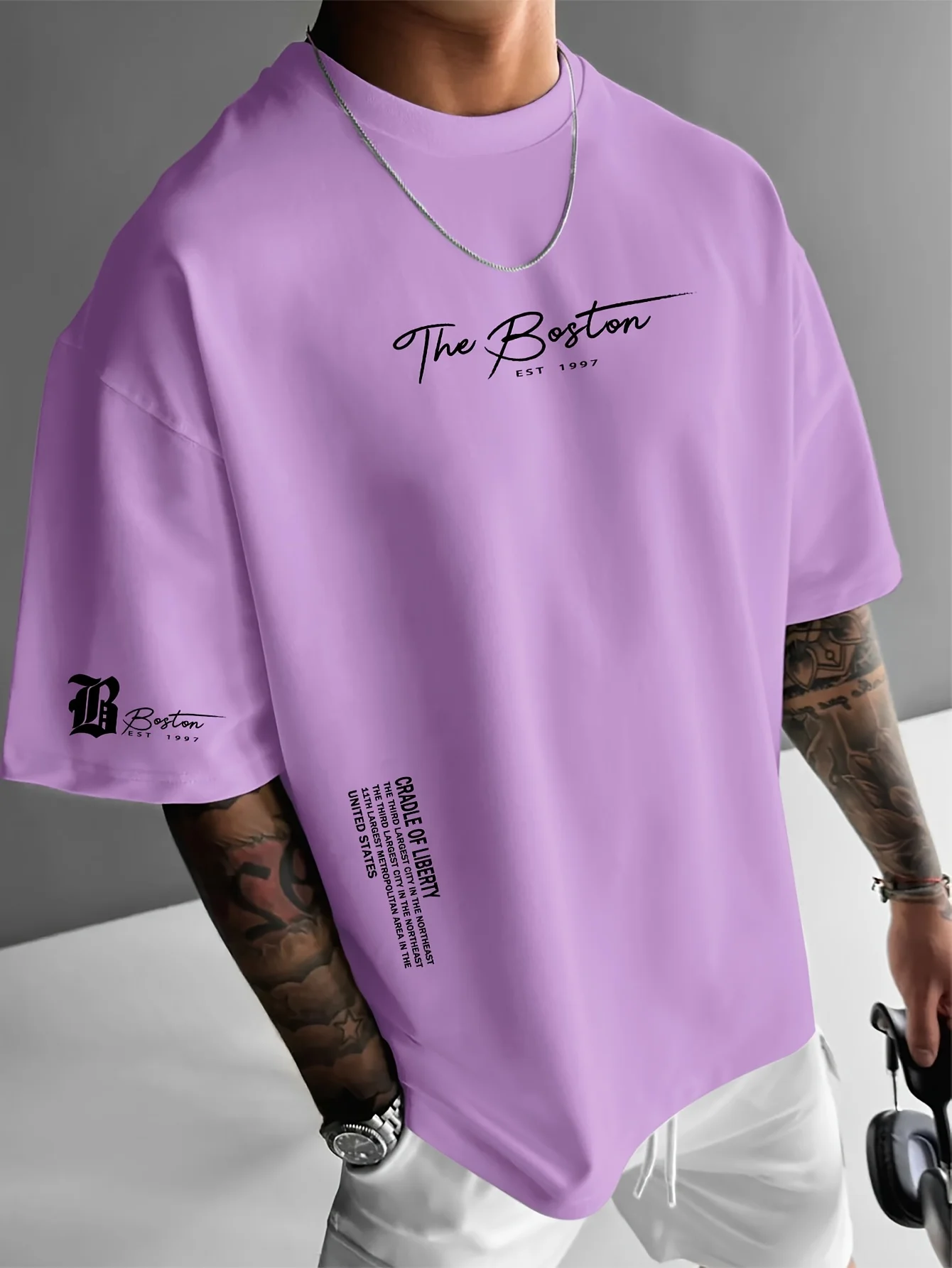 Men's summer 100 cotton fashionable casual sports loose Boston city slogan printed round neck short sleeved T-shirt top image 3