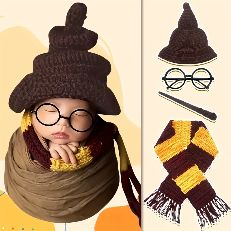 

1 комплект, милый реквизит для фотосъемки новорожденных, разноцветная вязаная шапка, шарф и набор волшебных палочек для детских аксессуаров для стрельбы