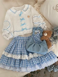 Autumn Sweet Lolita Plaid Skirt Suit Women Kawaii Bow Cotton Shirt Crop Tops Mini Skirts Girl Cute Two Piece Sets Lolita Outfits