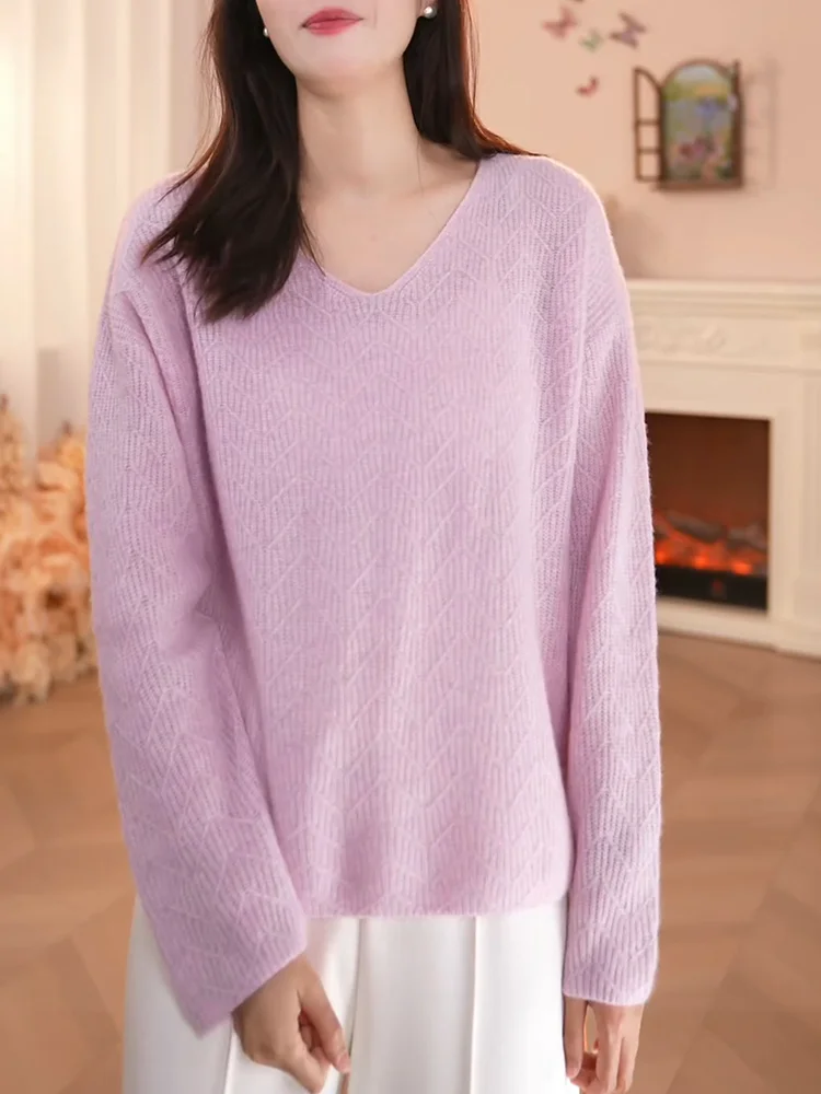 

Розовый мягкий вязаный свитер с V-образным вырезом для женщин, модный осенний новый универсальный топ больших размеров, стройнящий, теплый, с длинными рукавами