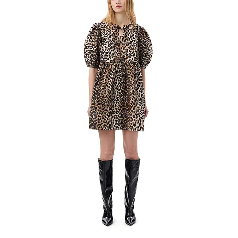 

Cotton Women's Dress Y2k Front Tie Leopard Print Fashion Temperament Commuter Bubble Sleeve Dress 2024 Early Fall New