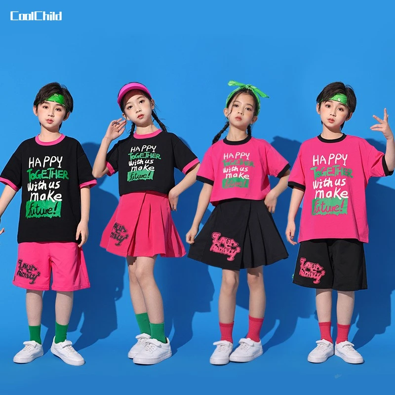 

Boys Hip Hop T-shirt Street Dance Shorts Girls Cute Crop Top Solid Skirts Children Summer School Uniform Kids Jazz Clothes Sets