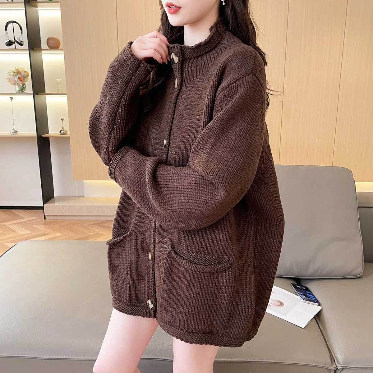 SuperAen Stand Collar Retro Artistic Knitted Cardigan Women Autumn and Winter 2025 New Loose Design Thickened Sweaters
