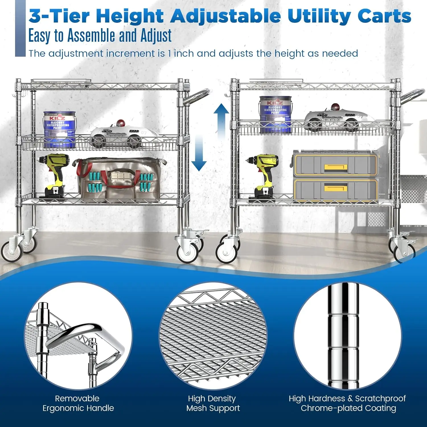 3 Tier Rolling Carts with Wheels,990Lbs Heavy Duty Rolling Utility Cart,NSF Commercial Grade Metal Cart with Handle&Shelf Liner,