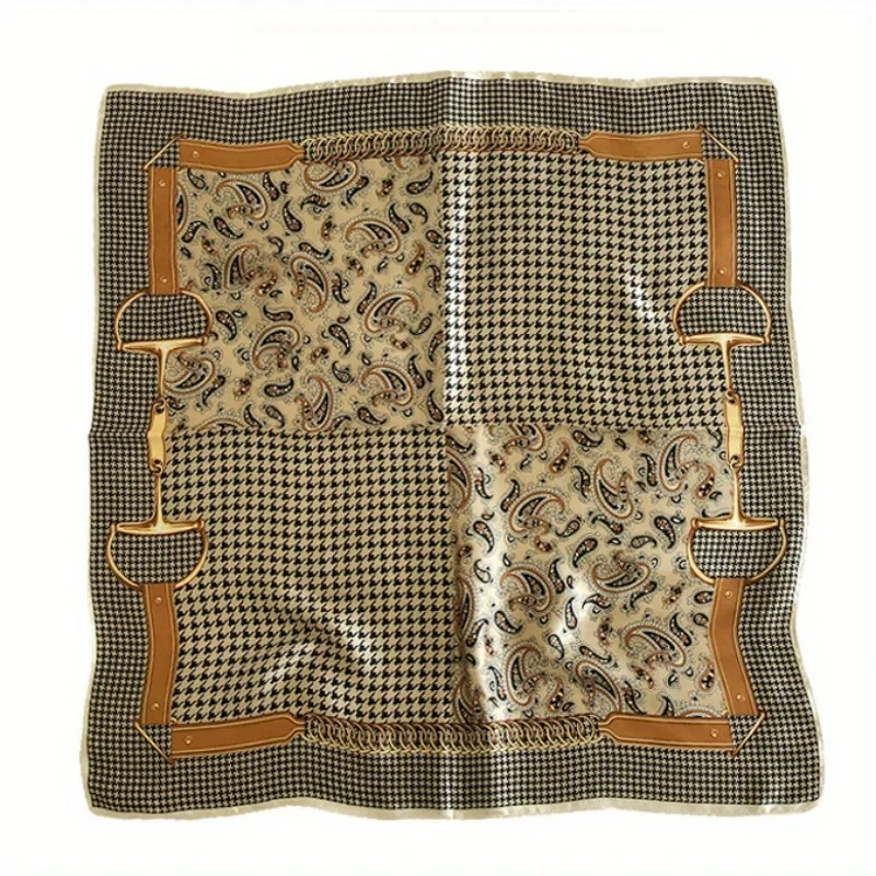 Luxury Paisley Houndstooth Printed Square Scarf Coffee Color Thin Smooth Neck Scarf Vintage Style Sunscreen Headscarf For Women