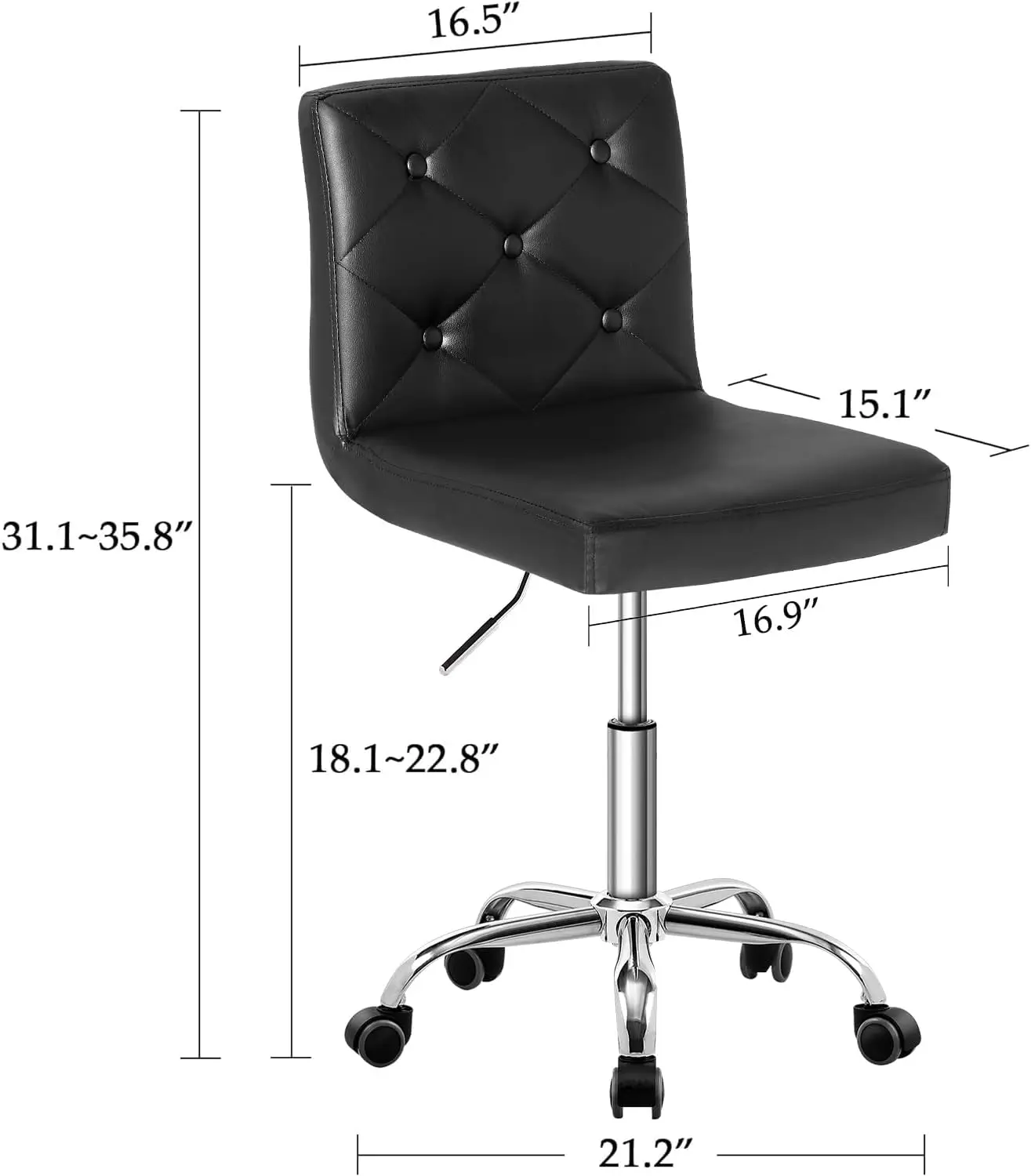 Leather Mid-Back Armless Desk Chair Adjustable Height 360° Rolling Swivel for Home Office Work