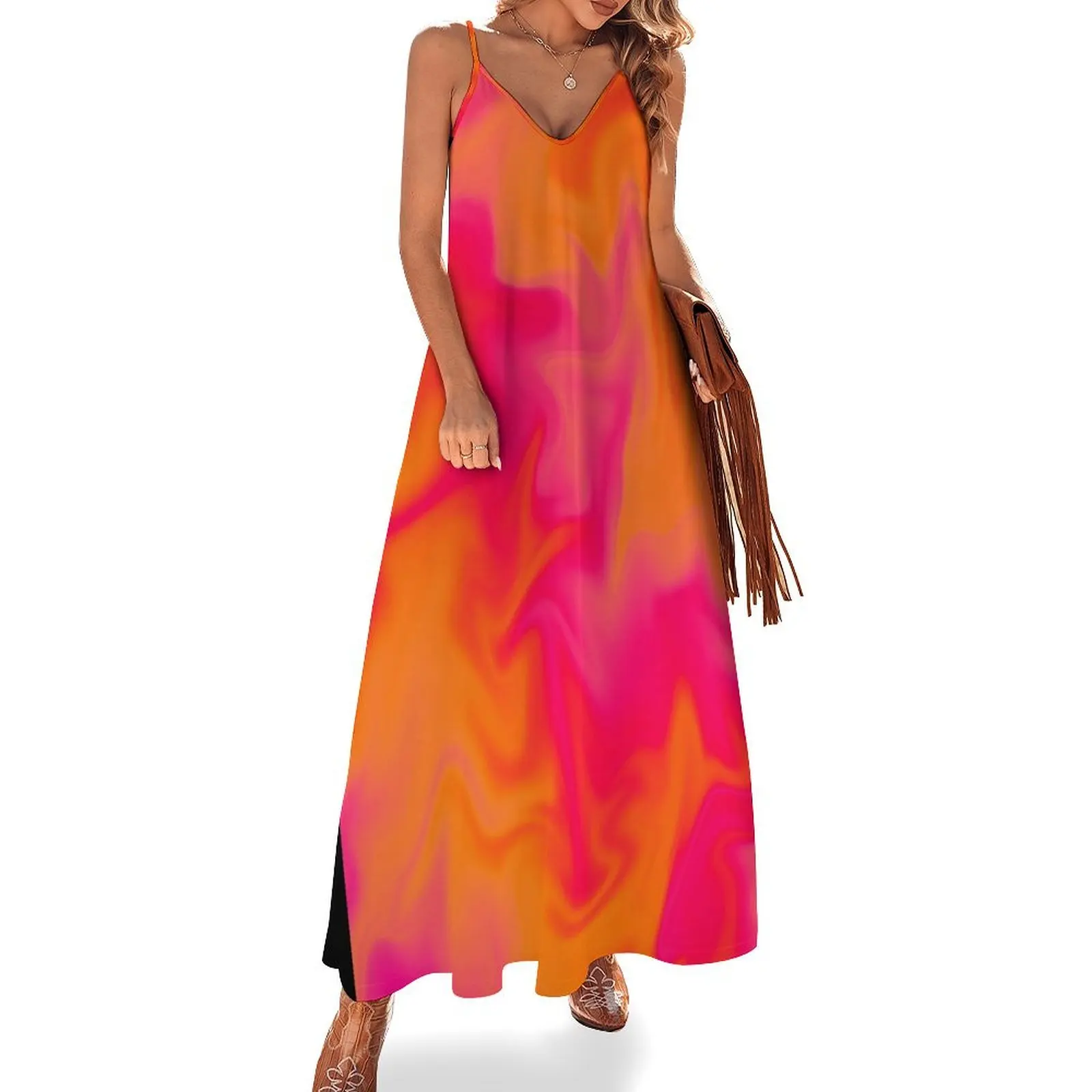 Pink, Orange, and Red Marble Fusion Design Sleeveless Long Dress dresses with long sleeves dresses korean style Dress