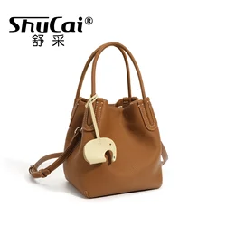 Head Layer Cowhide Vegetable Basket Bag Genuine Leather Cell Phone Crossbody Bag Commuter Shoulder Bucket Bag