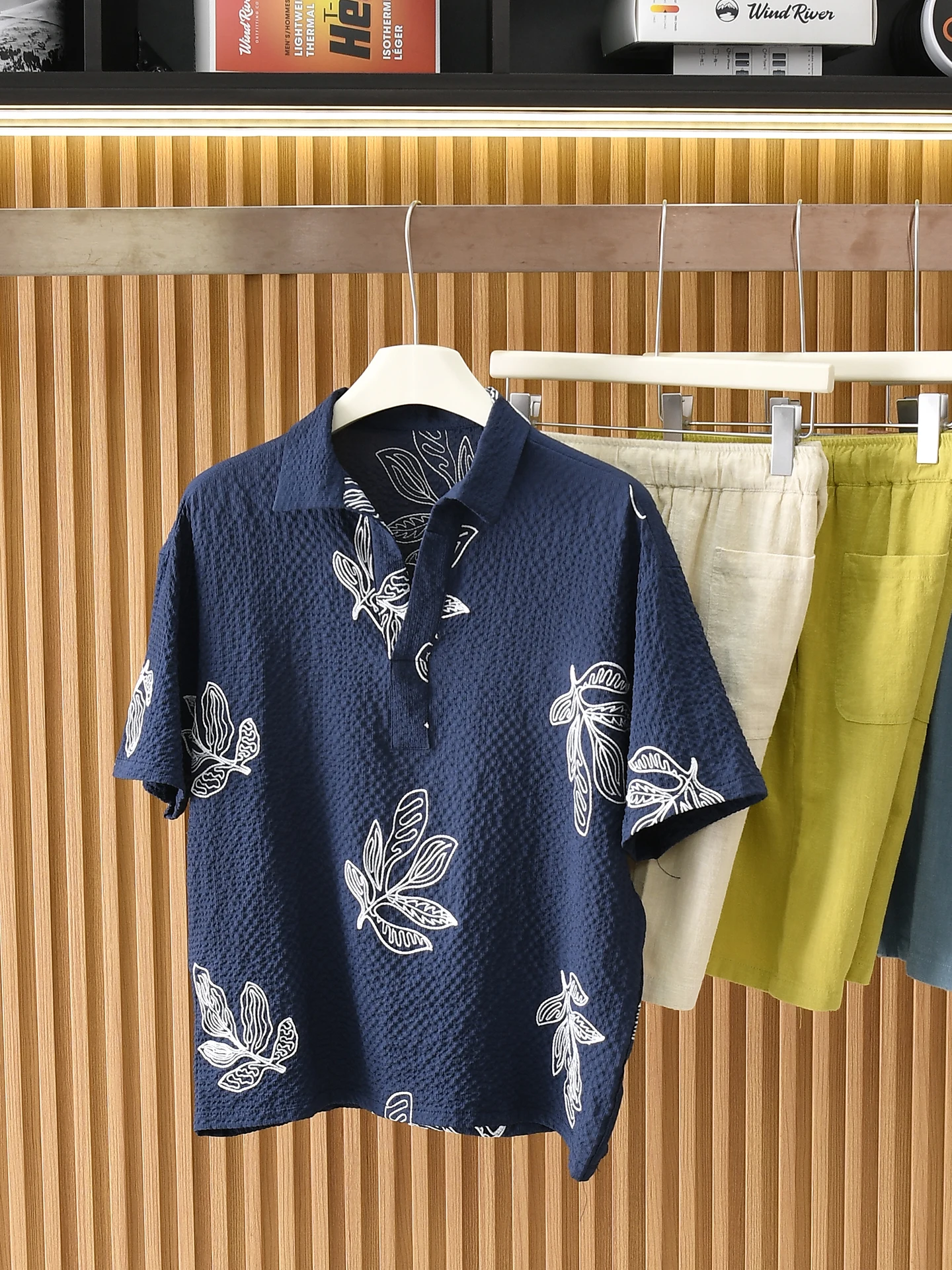 Nordic Style Short Sleeve  Shirt Men's Quick Dry Oystercatcher Collar Embroidery Bubble Cloth Texture Summer Fashionable