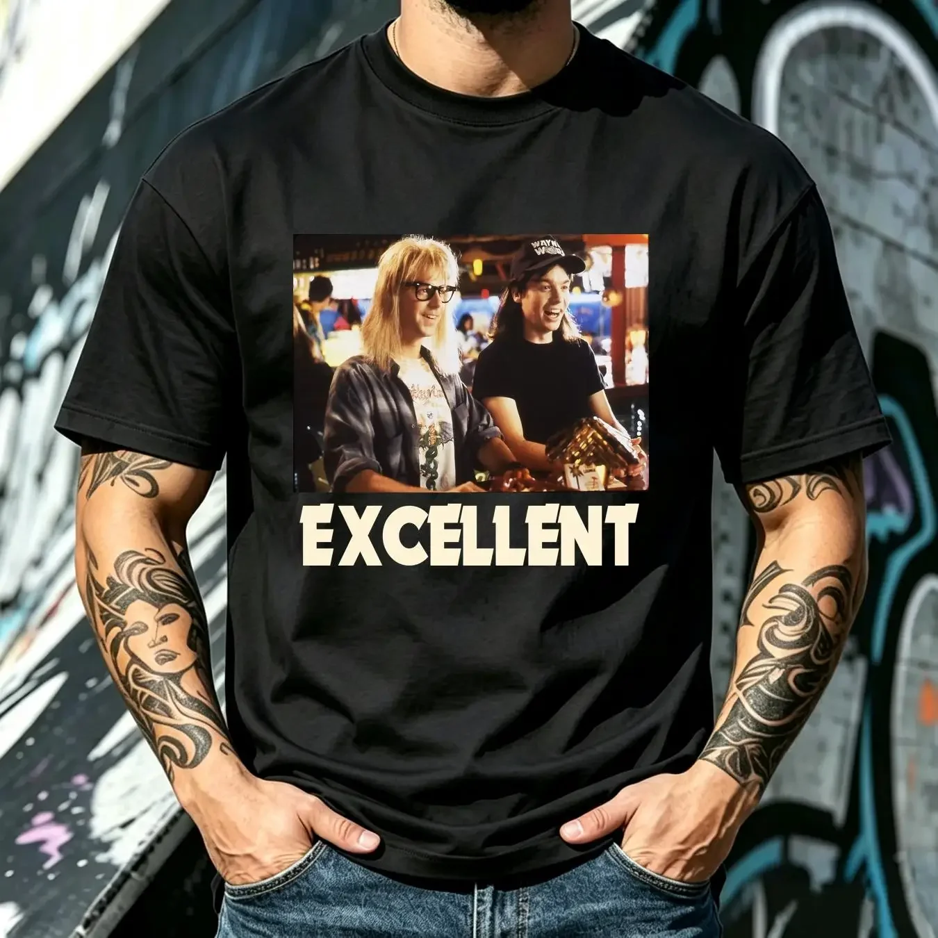 washed T Shirt Wayne s World Excellent 2014 Blue vintage Washed streetwear homme Soft Stylish Unisex Casual Stretched Slightly