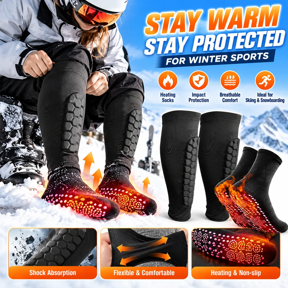 2026 New Ski Knee Pads and Thermal Socks Set, Honeycomb Shock Absorbing Knee Guards, Warm Non Slip Winter Socks for Snowboarding