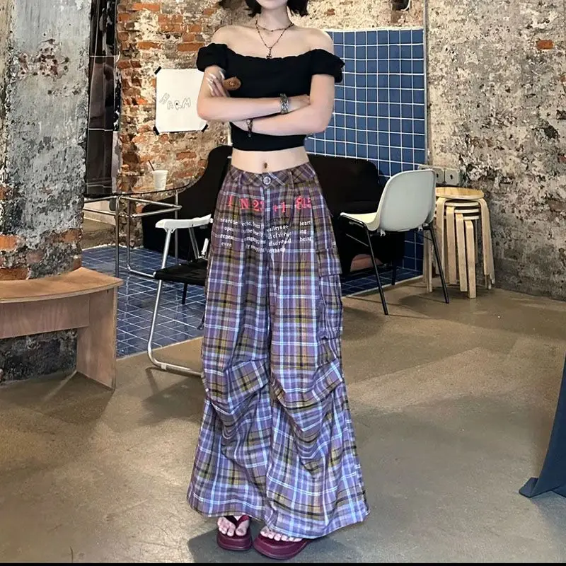 Purple Plaid Overalls Women Korean Version Y2K Fashion Winter Plaid Trousers Oversized Harajuku Retro 90s Wide Leg Pants