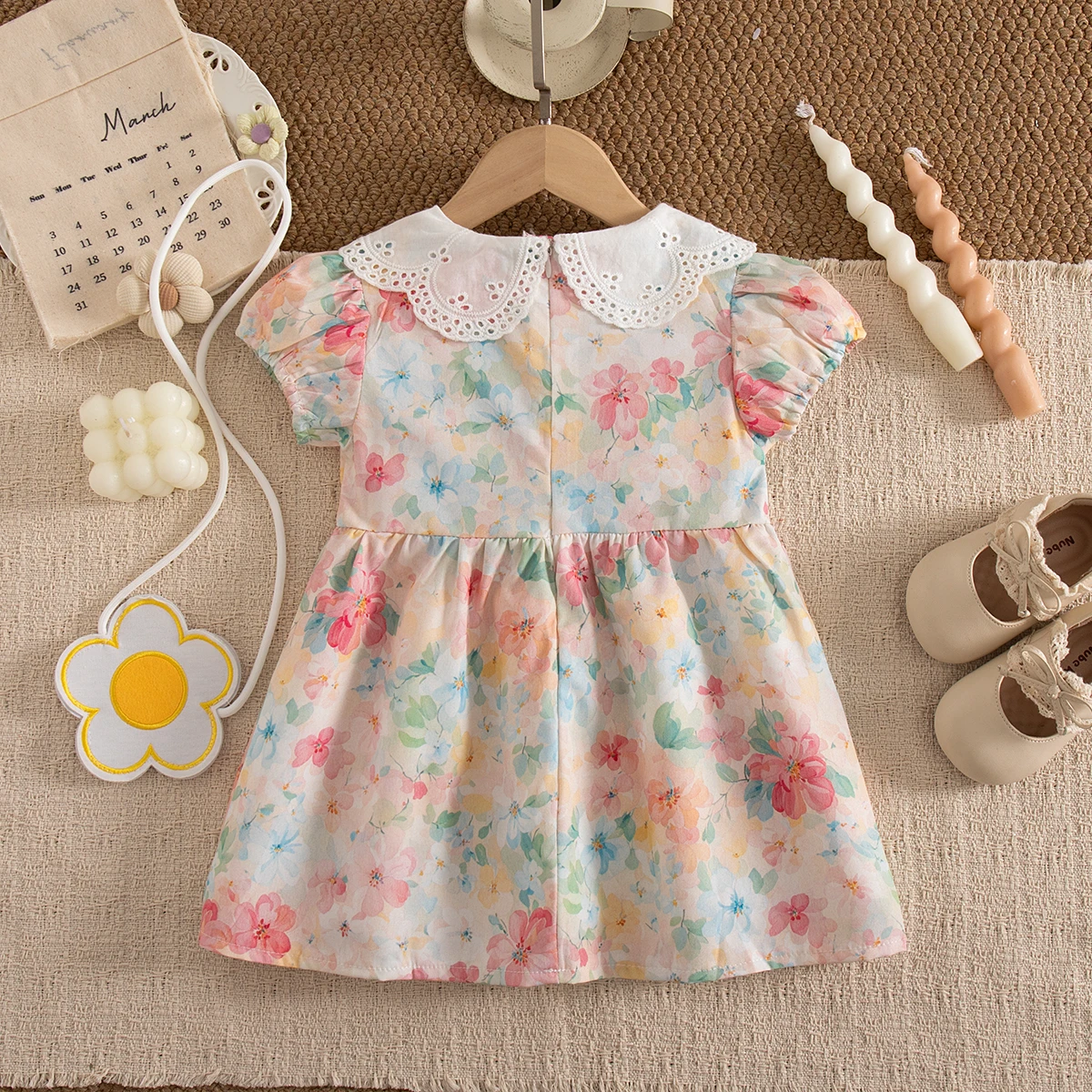 Baby Girl Dress Summer Sweet Flower Print Short Sleeved Doll Collar Vacation Style Dress Children'S Clothing 9 Months - 3 Years