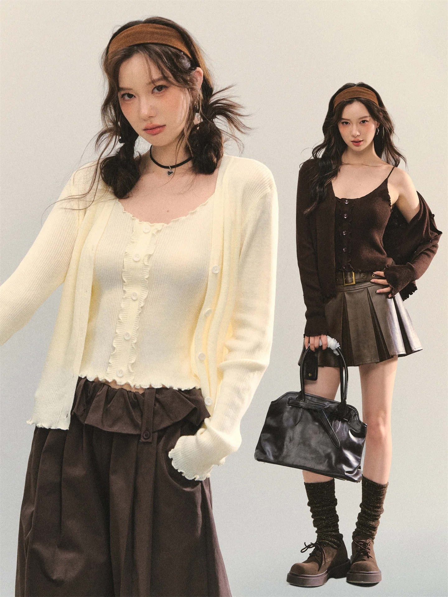 

Комплект из двух предметов AsGony Pure Color: вязаный, повседневный, дышащий, из полиэфирного волокна, с V-образным вырезом, на пуговицах, женская одежда