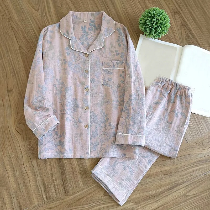 2026 Spring And Autumn Women's Pajama Set 100% Cotton Gauze Retro Color Knitted Long Sleeve Two Piece Set Large Home Clothes