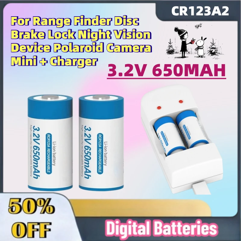 

In Stock 3.2V 650MAH CR123A2 Li-Ion Battery for Range Finder Disc Brake Lock Night Vision Device Polaroid Camera Mini + Charger