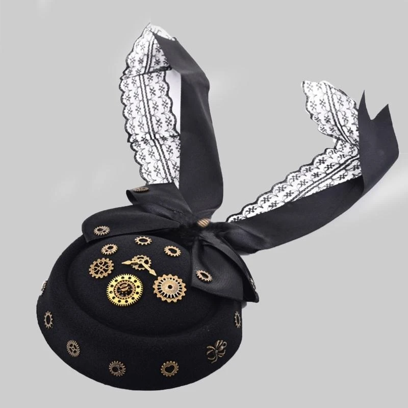 

Vintage Gear Mini Top Hat Bow Lace Steampunk Hat Hair Clip Headband for Festival 15UB