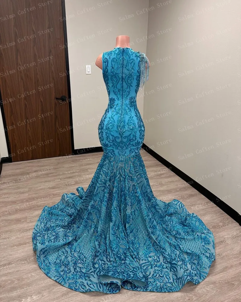 See Through Ice Blue Seuqins Beaded Mermaid Dress Crystals Printed Tassel Evening Dresses Ruffled Floor Length Prom Gown image 4