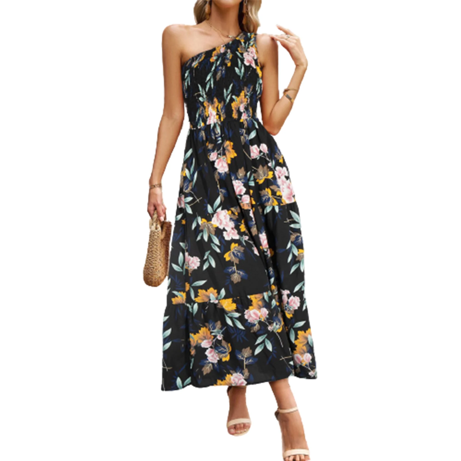 

Woman Slanted Shoulders Dress Sleeveless Print Long Dress Gift for Mother Woman Lover