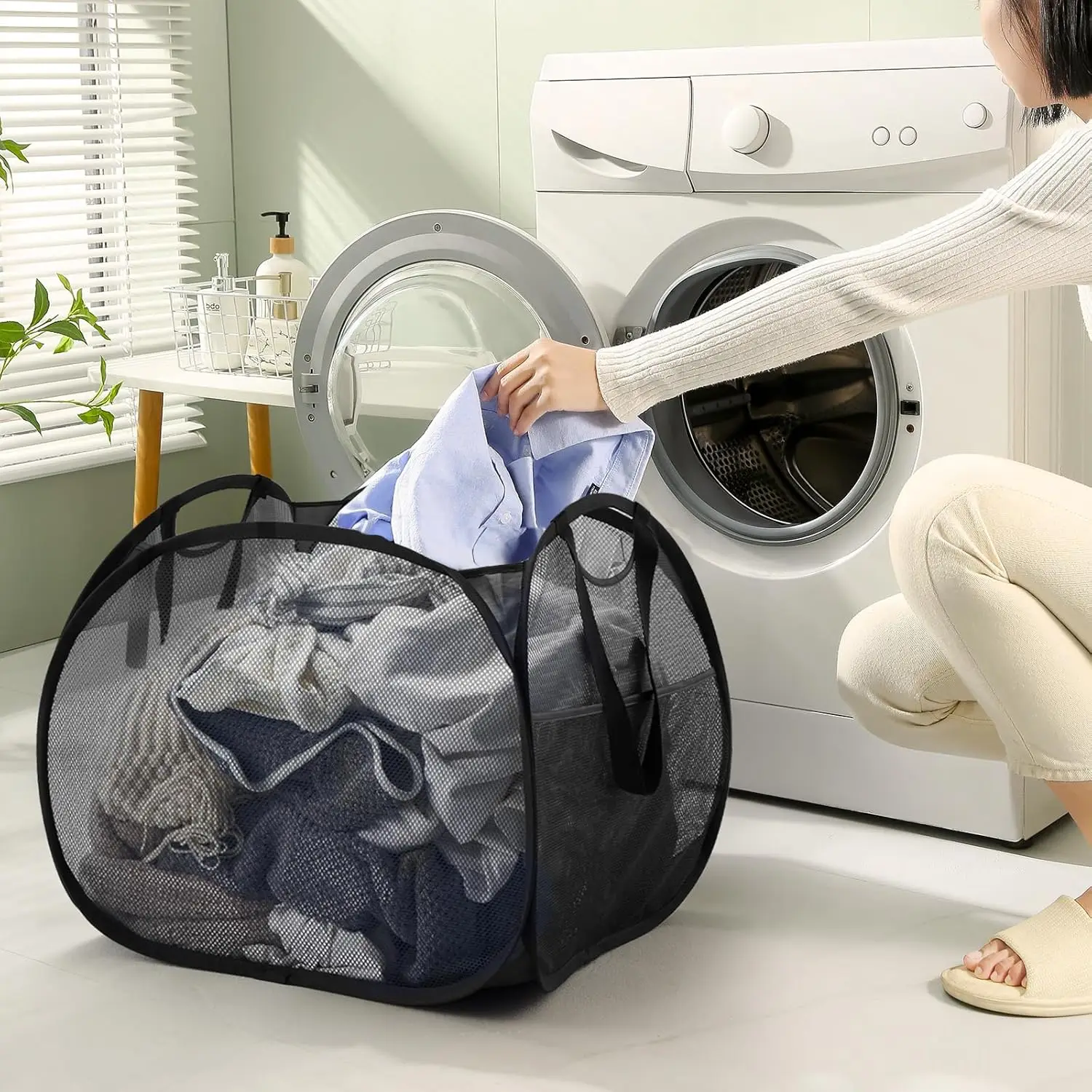 90L Collapsible Mesh Laundry Basket,Foldable Pop Up Laundry Hamper with Side Pocket Removable Clothes Storage Bin with Handle