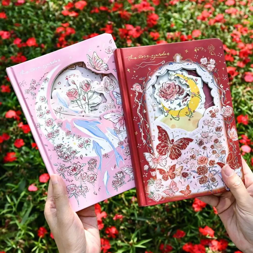Rose Style Exquisite Diary Notebook Alien Hollow Out Color Pages Retro Rose Notebook Gift Stickers Multi Layer