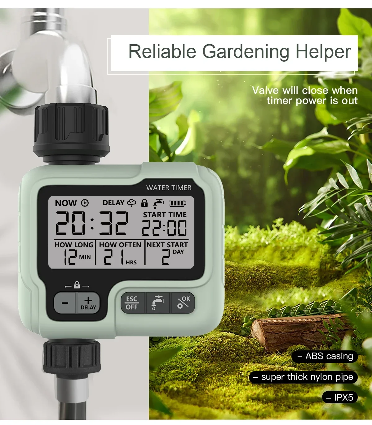 Temporizador de água automático para jardim, máquina de irrigação digital, aspersor inteligente usado ao ar livre para economizar água e tempo