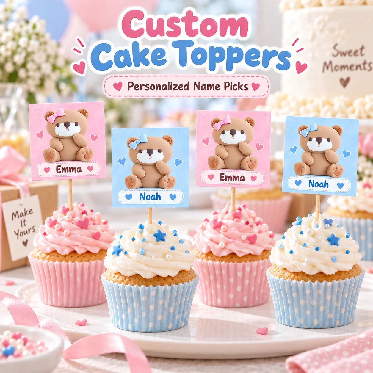 Custom Cardboard Bamboo Cake Topper Flags Multipattern Sports Theme Food Picks for Birthday Wedding Party Dessert Decoration